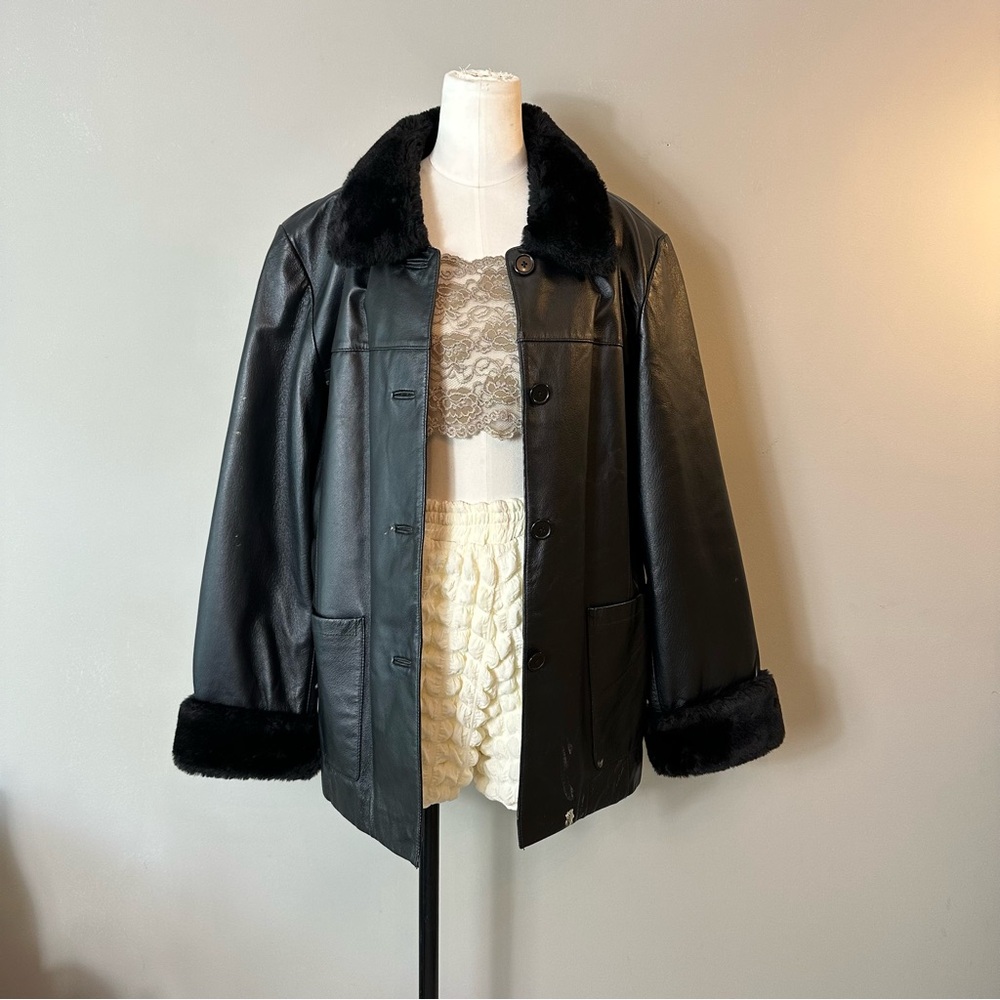 90s style black leather jacket with fur collar